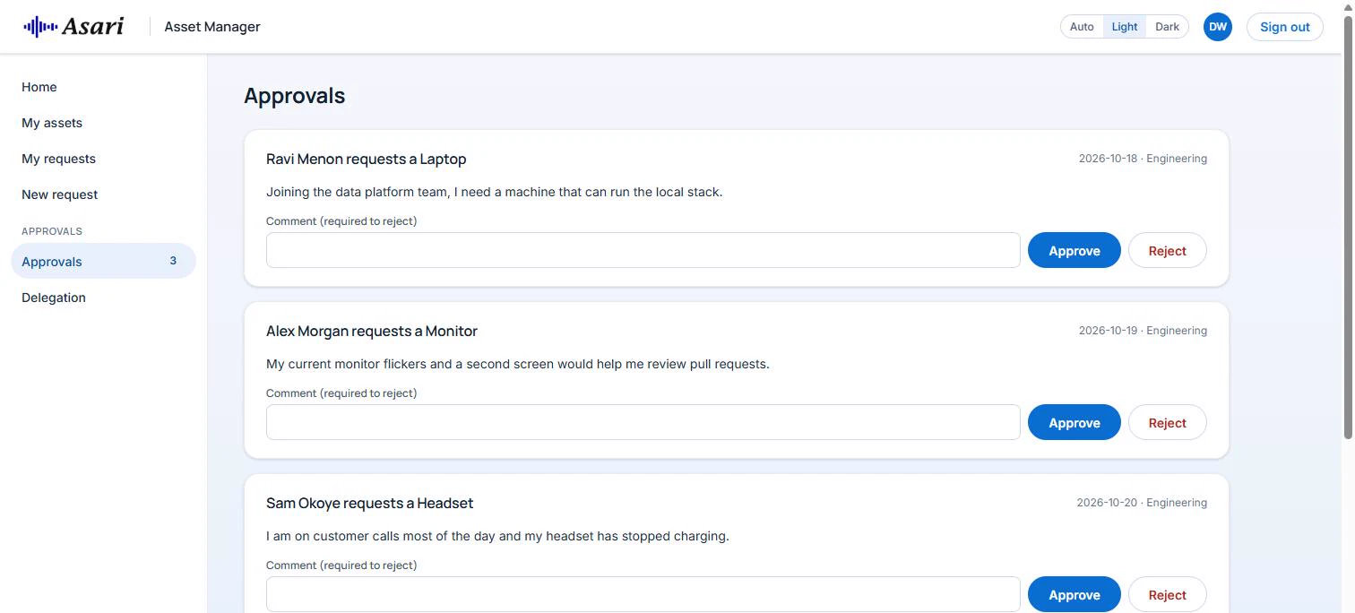 Manager approvals inbox with three requests, each with approve and reject buttons and a comment box