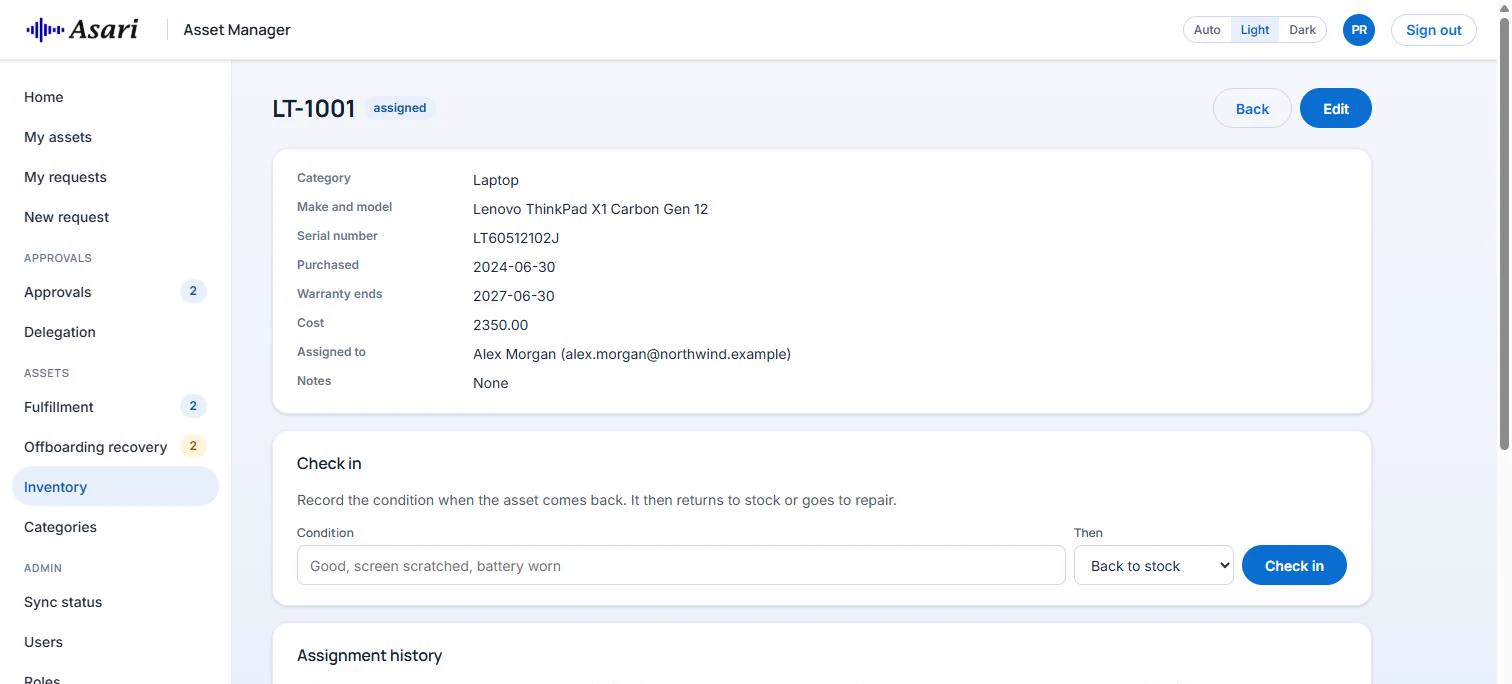 Asset detail page for a laptop, with its details, a check-in form for its condition and the assignment history
