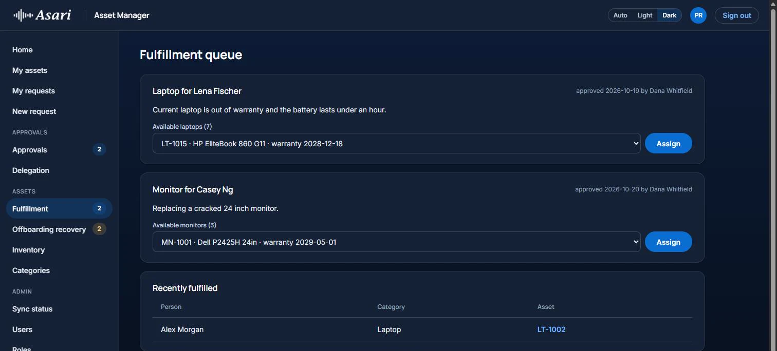 Fulfillment queue in the dark theme, with approved requests and a list of available assets to assign