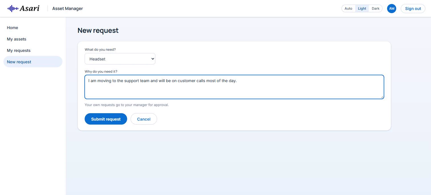 New request form with a category and a reason