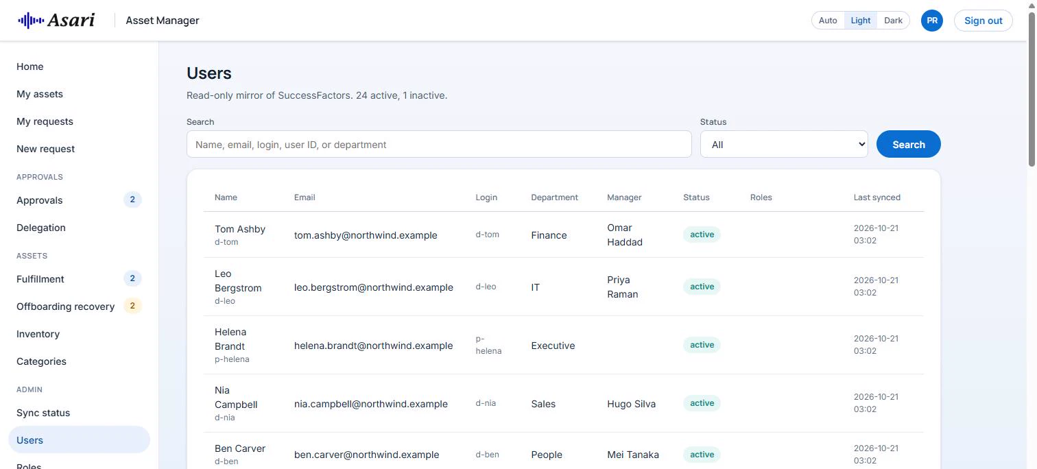 Users list mirrored from SAP SuccessFactors with name, email, login, department, manager, status and last sync time