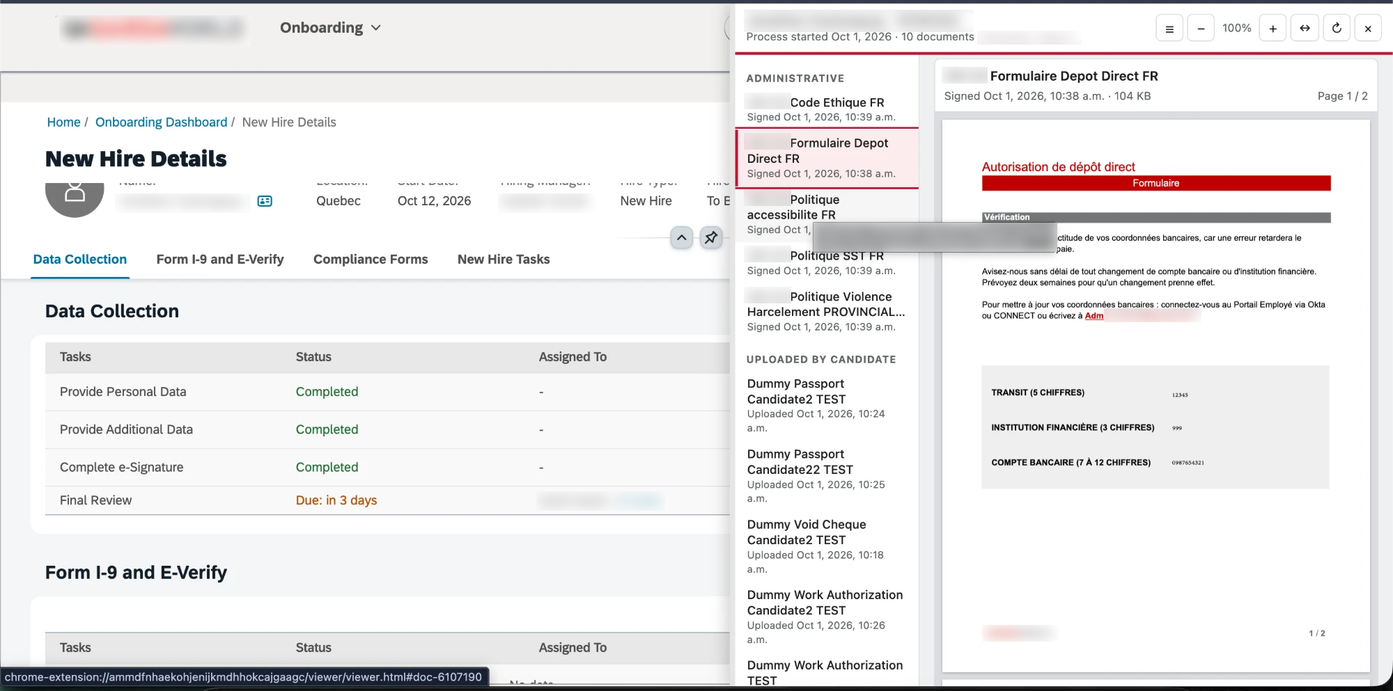 SAP SuccessFactors New Hire Details page on the left, DocuVue panel on the right showing a list of signed documents and a direct deposit form