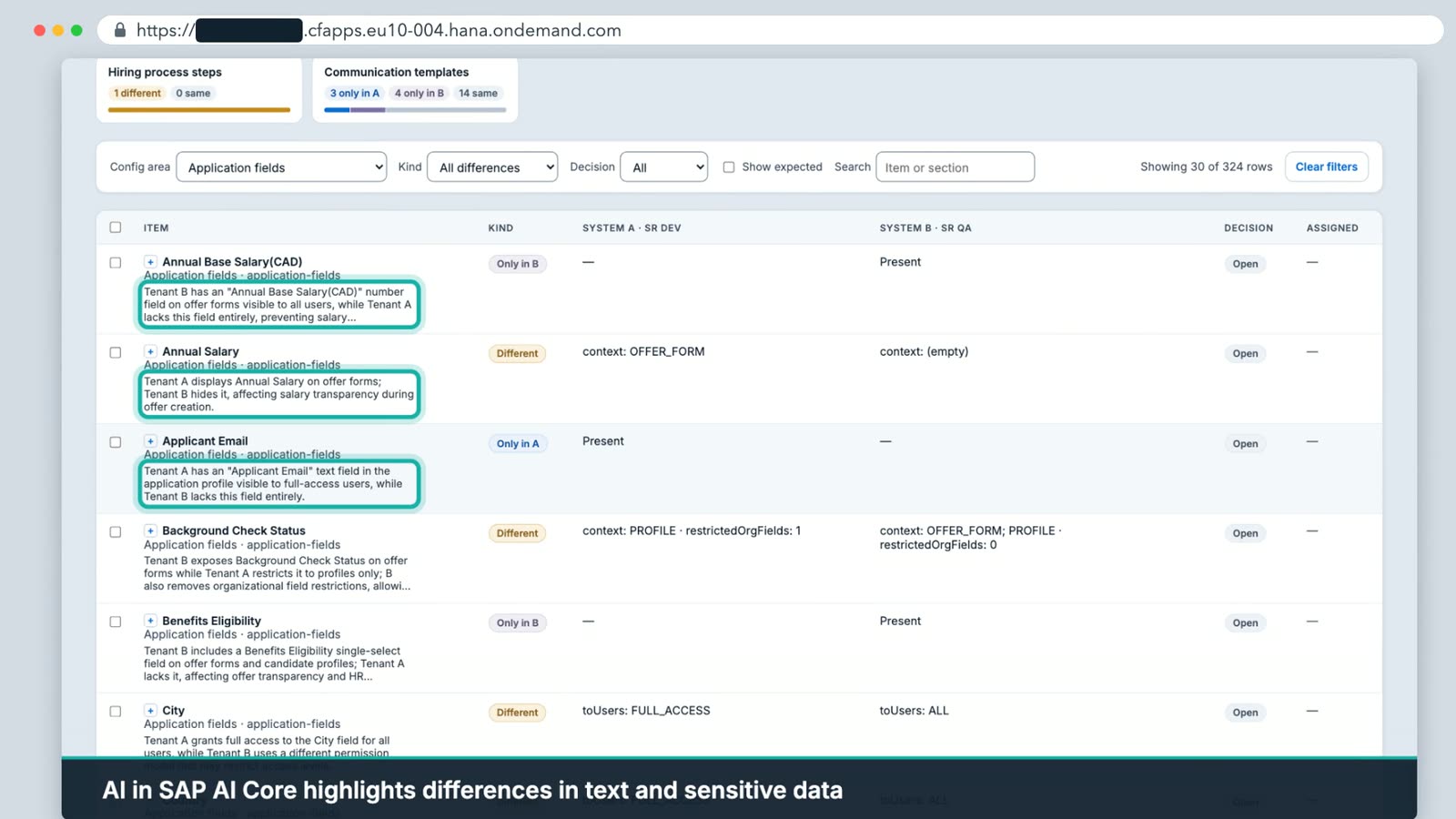 Migrado review sheet for application fields with AI highlights beside each difference